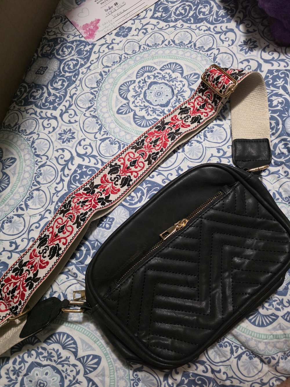 Black Quilted Leather Crossbody Bag with Embroidered Strap